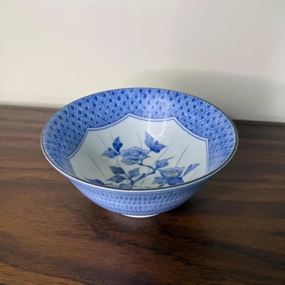 Vintage Japanese Bowl Blue Floral Pattern East Asian Decor